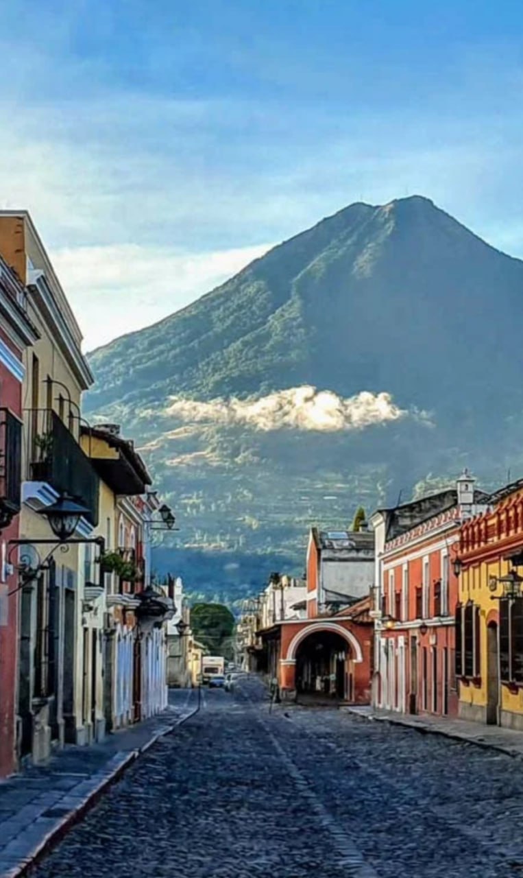 Mount Pacaya, an active volcano rising behind the streets of Antigua Guatemala
